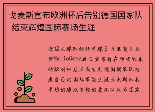 戈麦斯宣布欧洲杯后告别德国国家队 结束辉煌国际赛场生涯
